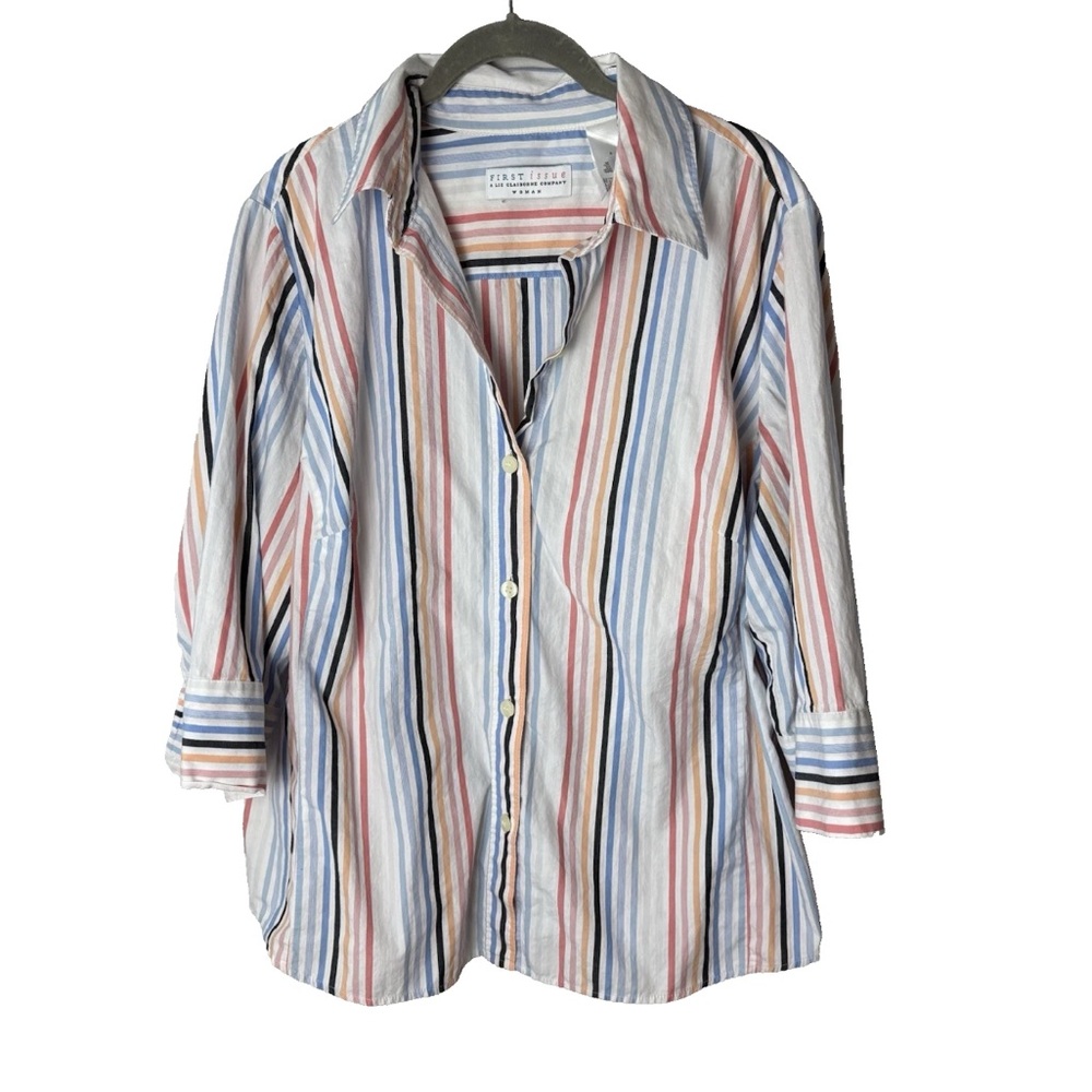 First Issue Shirt Plus Size 2 2X Blouse Top 3/4 Sleeves Cotton Stripes Blue